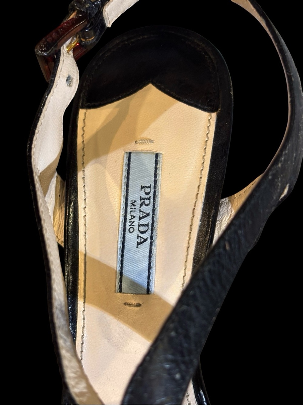 AUTHENTIC PRADA BLACK LEATHER TORTOISE BUCKLE STRAPY 4” HEEL. ELEGANT-SEXY - Picture 2 of 6